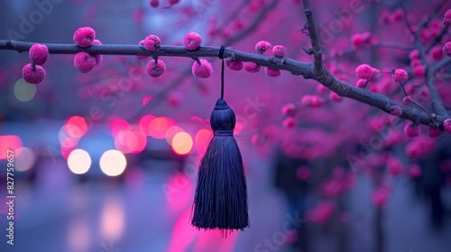  A tight shot of a tassel dangling from a tree branch, surrounded by hazy street lights in the distance, and a blurred backdrop of cars photo