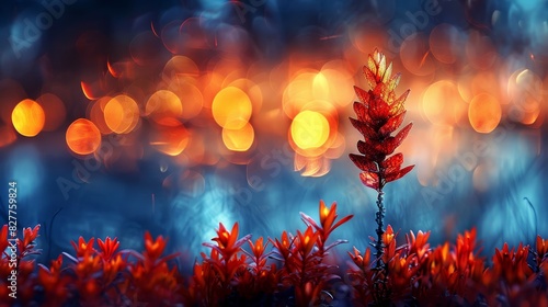  A tight shot of a red plant against a backdrop of indistinct lights Foreground features a blurred tree image, while background remains softly out of focus photo