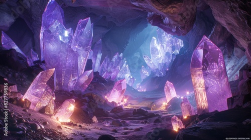 3D Crystal cave with glowing minerals photo