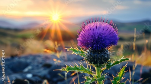  A purple flower blooms in a field against a backdrop of sunshine The sun casts long shadows as it sets, revealing a blue sky speckled with clouds and subtle sun fl