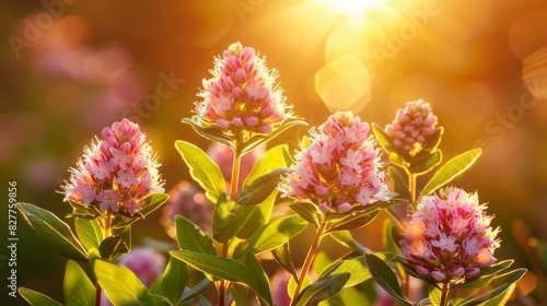 A close-up of pink flowers with the sun shining behind them  surrounded by pink and green leaves