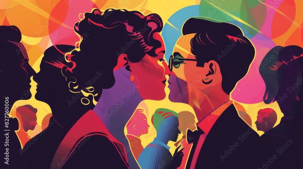 A colorful painting of a man and woman kissing A colorful painting of a man and woman kissing