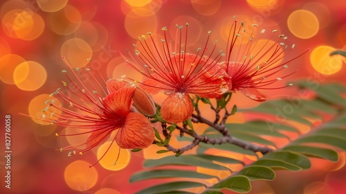  A close-up of a flower on a branch against a softly blurred backdrop of holiday lights
