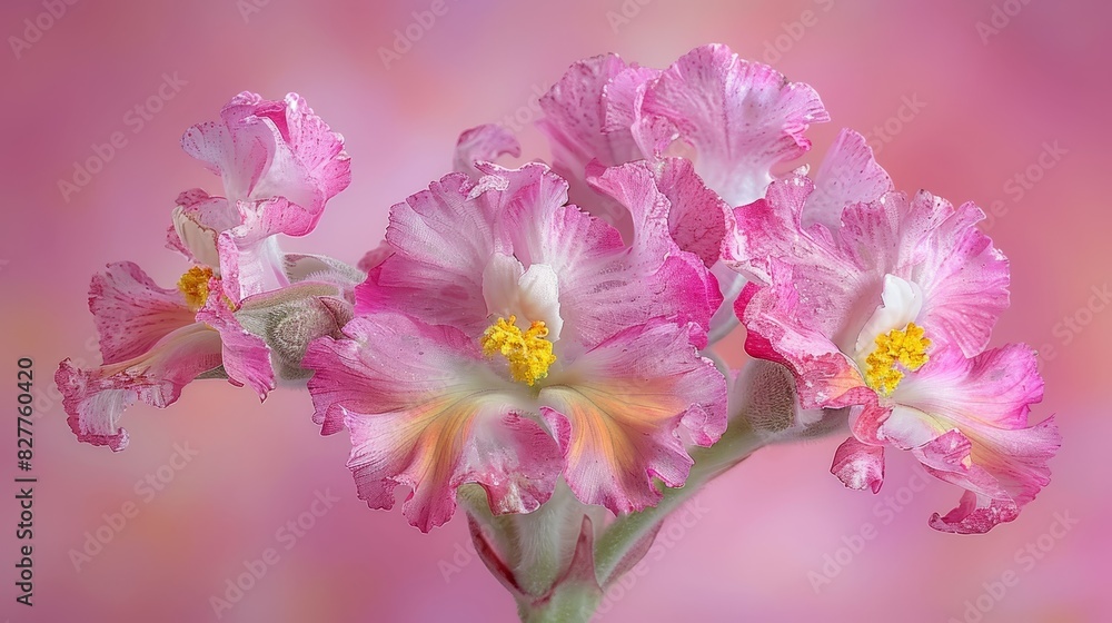 petals dotted with water drops, yellow stamen at petal center against a pink backdrop