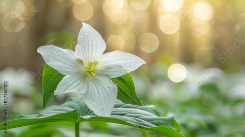  A white bloom atop a verdant plant, situated in a forest, bathed in sunlight filtering through the emerald foliage Background softly blurred