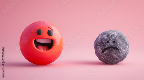 A photorealistic 3D of a pastel red delighted emoji next to a soapstone frustrated emoji, both on a solid blush pink background, highlighting joy against frustration.