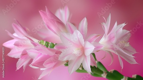  A tight shot of a pink-white bloom on a green stem against a softly blurred backdrop of pink and white blossoms