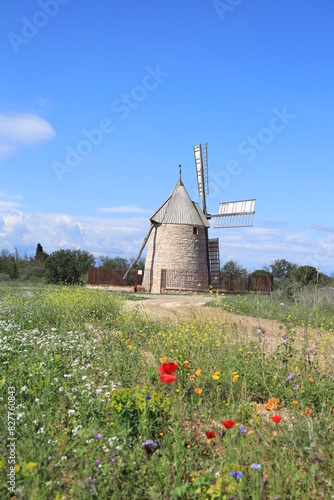 Moulin de Claira, a restored windmill in Pyrénées-Orientales department, southern France pictured here in early summertime featuring wild flowers growing in foreground photo