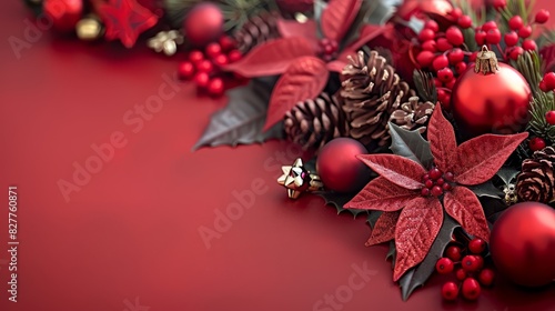  A red background showcases a tight cluster of Christmas decorations Pine cones and poinsettias dominate the scene  with red berries and pine cones situated prom