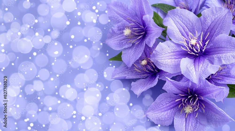 A group of purple flowers sits atop a blue and white background Raindrops form a boke on the image's left side, while the background shows a blue blur A group of purple flowers sits atop a blue and white background Raindrops form a boke on the image's left side, while the background shows a blue blur