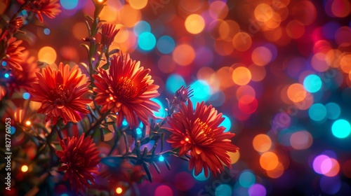 A close-up of red flowers in the foreground, with blurred background lights  A blurred backdrop of lights, revealing a close-up of red flowers in the