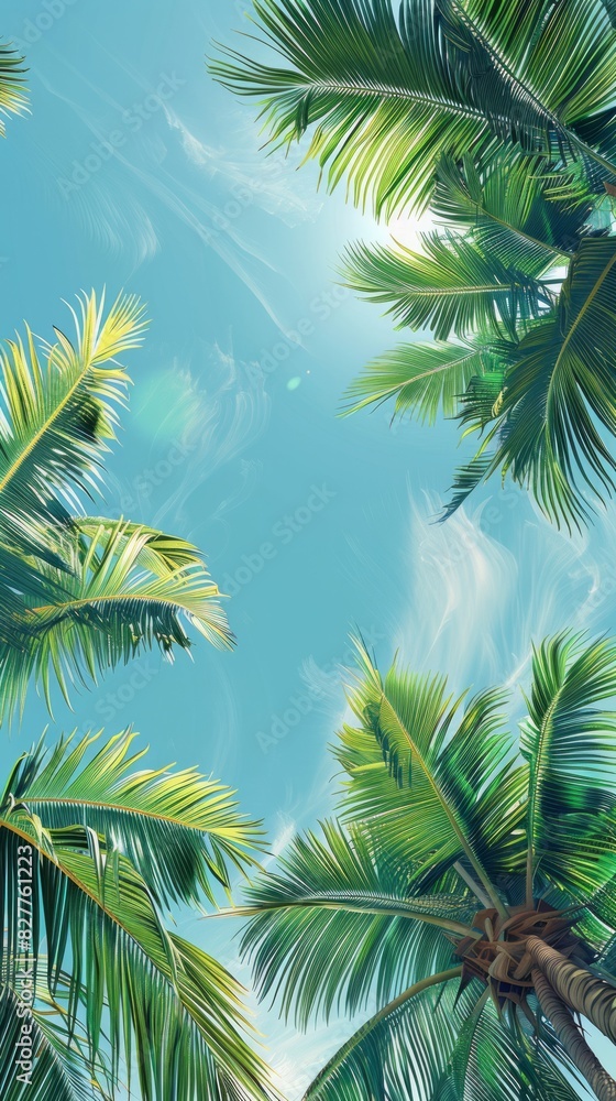 Fototapeta premium Summer background. Palm trees seen from below