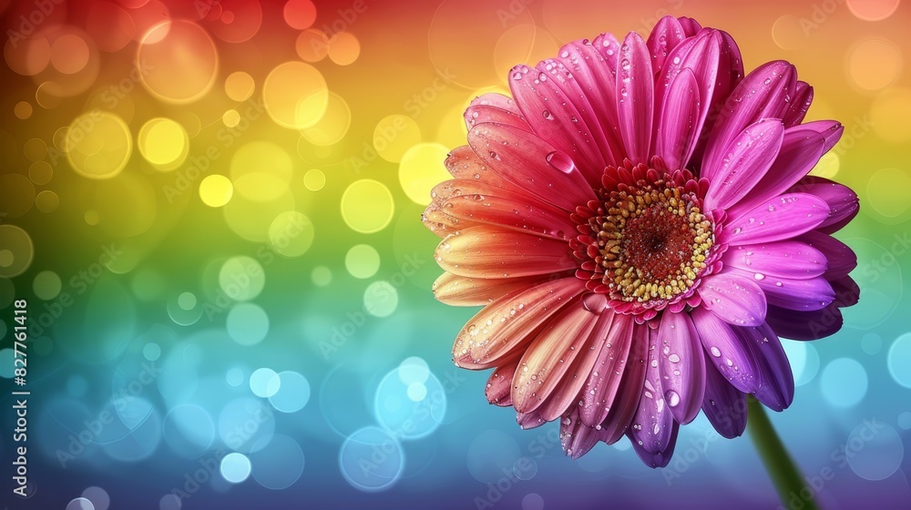 A tight shot of a pink flower, its petals dotted with water droplets, against a backdrop of multicolored bokeh lights Blurred background A tight shot of a pink flower, its petals dotted with water droplets, against a backdrop of multicolored bokeh lights Blurred background
