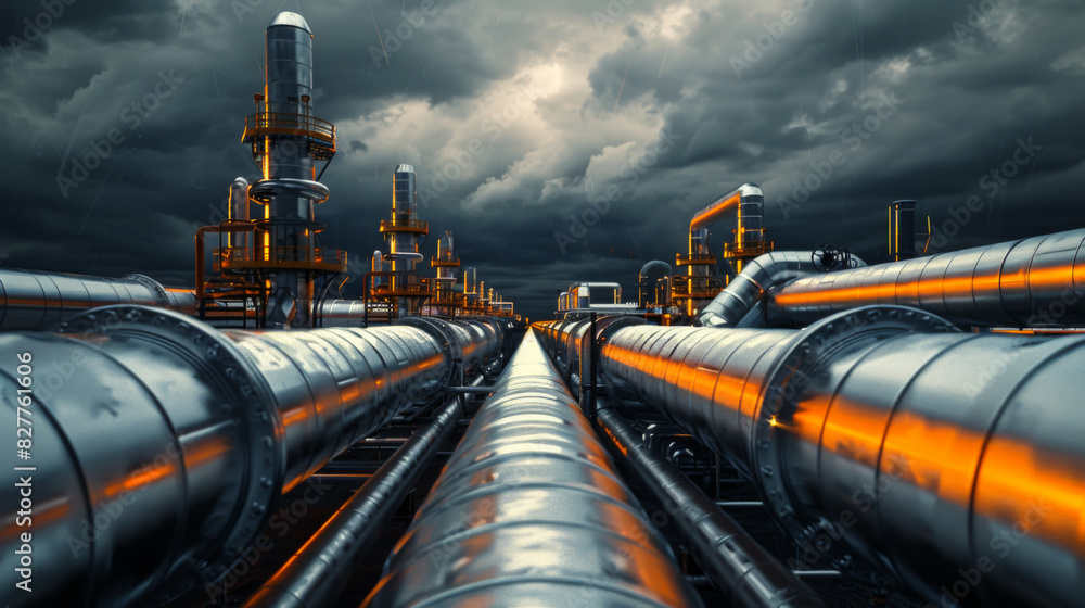 Many pipes in an industrial plant carrying smoke. Gas pipes with dark clouds on the background. Industry concept. Many pipes in an industrial plant carrying smoke. Gas pipes with dark clouds on the background. Industry concept.