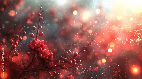  A red flower in focus on a branch, dripping with water on its petals Background softly blurred with red, blue, yellow, and white lights