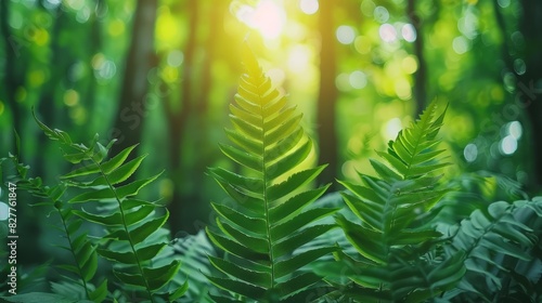  close-up image of a green leaf  sunlight filtering through it  surrounded by trees and their leaves     the scene on the other side blurred