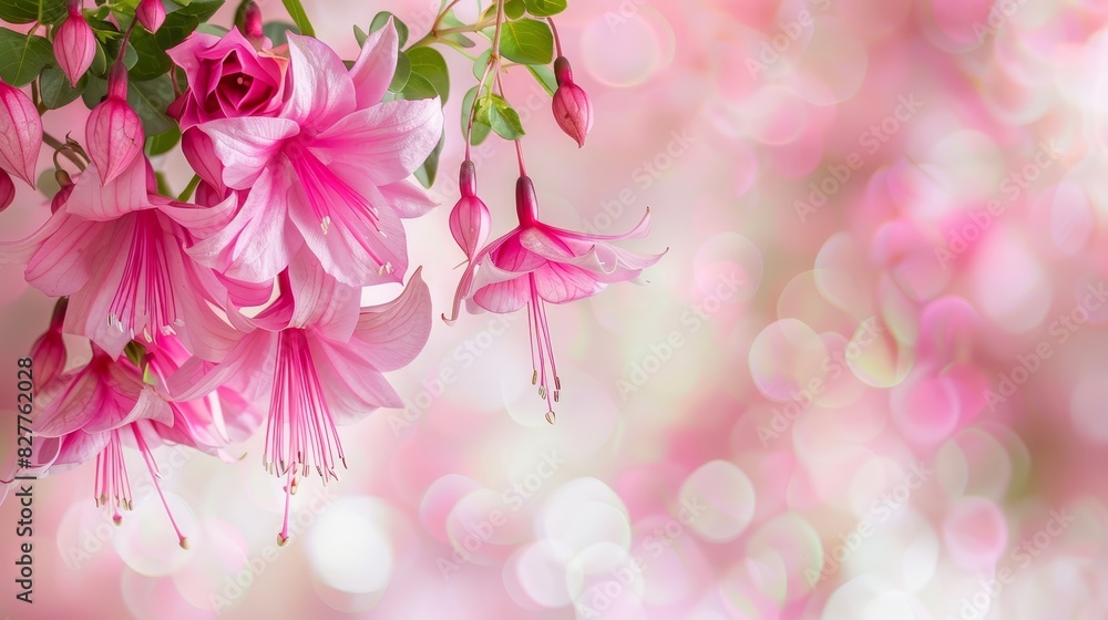  A close-up of pink flowers with green leaves against a pink and white backdrop, blurred background with soft light