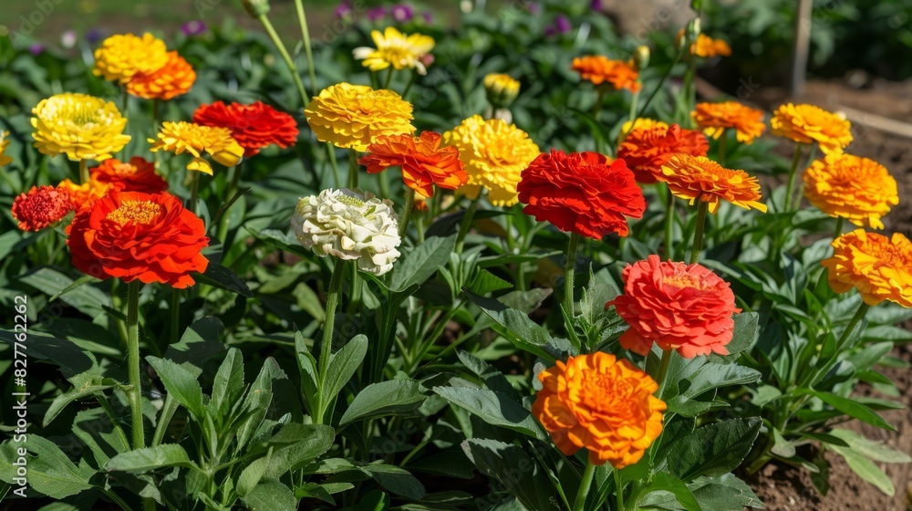  A garden teeming with various flowers, especially an abundance of orange and yellow blooms, amidst a sea of red, yellow, white, and orange flowers in the heart of the field