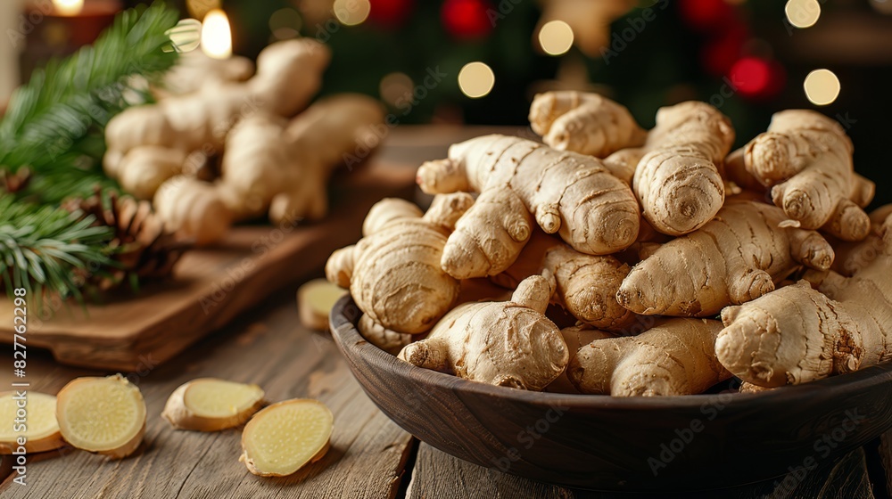  A wooden bowl holds ginger slices next to a cutting board, both crafted from wood Pine cones adorn the cutting board Behind the scene, a Christmas tree stands with