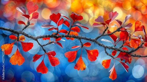  A tree branch in focus  adorned with red and yellow leaves Background blurred with a soft  ethereal light Blue sky overhead