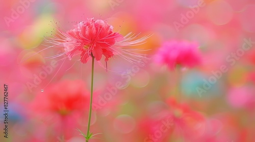  A close-up of a pink flower in a field  with pink blooms in the foreground softly blurred  in shades of pink  green  red  yellow