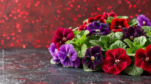 red and black backdrop, red and purple blooms on one side, purely red background behind photo