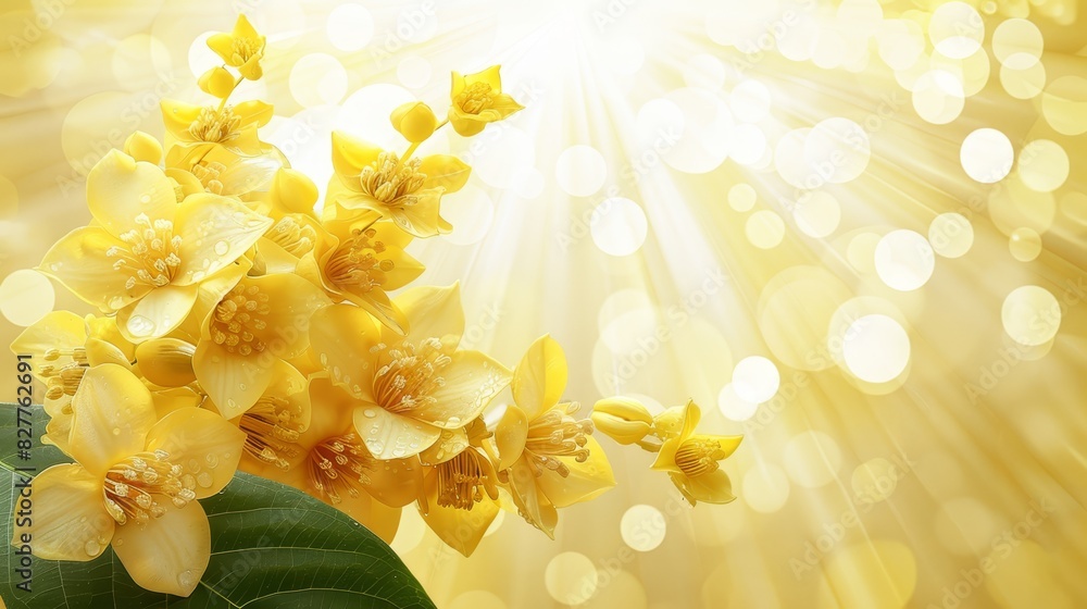 close-up on a yellow and white background Bokeh effect from center with light entering through flower, green leaf included