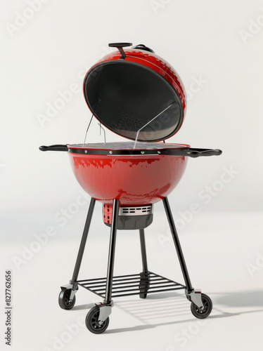 barbeque grill with lid open, white background, 3d render, red color.