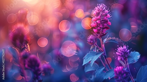  A tight shot of a purplish bloom against soft-focus backdrop, featuring indistinct lights behind and a hazy foreground of a plant