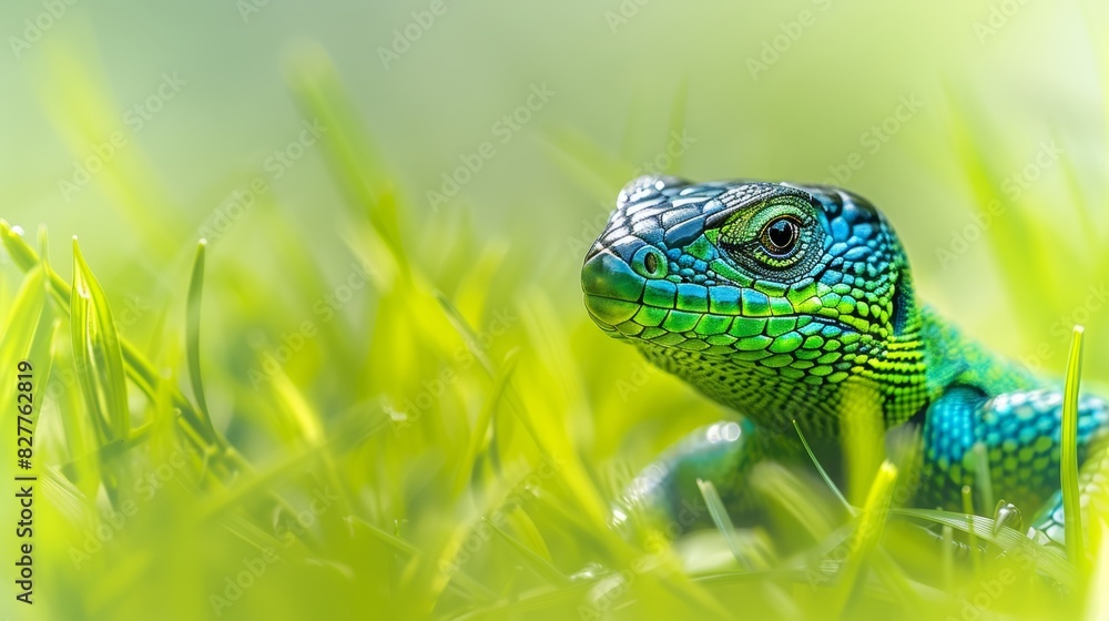 A close-up of a lizard in a field of grass Sunlight shines on its head and the end of its body A close-up of a lizard in a field of grass Sunlight shines on its head and the end of its body