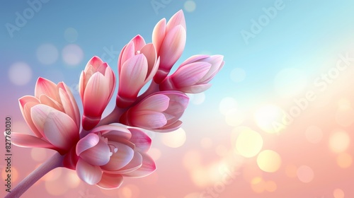  A pink flower, closely framed against a backdrop of blue and pink The scene is softened by bokeh – blurred circles of light – emanating from the flower'