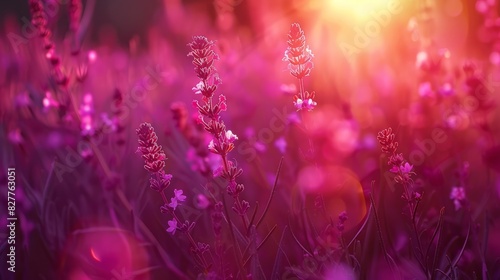  A field filled with purple flowers Sun shines through trees in background Blurred grass forms backdrop