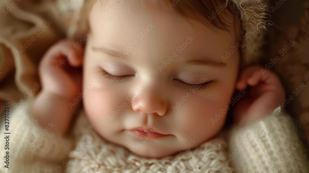 Close-up of a sleeping baby in a cozy knitted outfit, capturing the serene and peaceful expression of the infant. Close-up of a sleeping baby in a cozy knitted outfit, capturing the serene and peaceful expression of the infant.