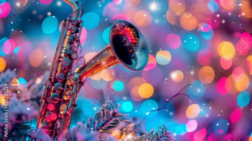 musical instrument in foreground, bouquet in tree's center, lit background with twinkling lights