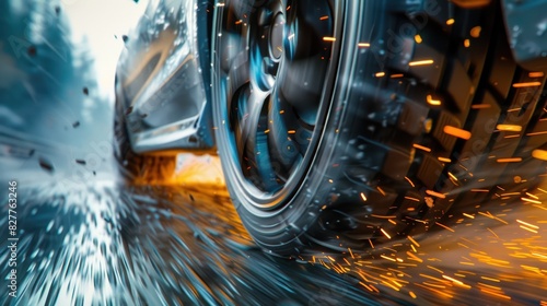 Close-up of a speeding car tire with sparks and motion blur, showcasing automotive speed and power.