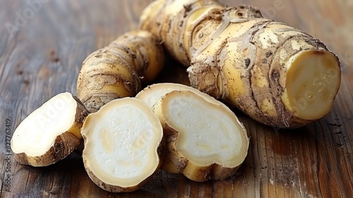  A close-up of a cut-up ginger on a wooden table The root remains attached to the ginger's end, while the ginger itself is at the extremity photo