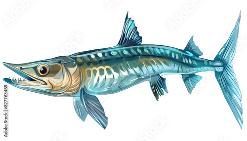 Illustration of a sleek, colorful barracuda fish on a white background, showcasing its sharp features and vibrant scales.