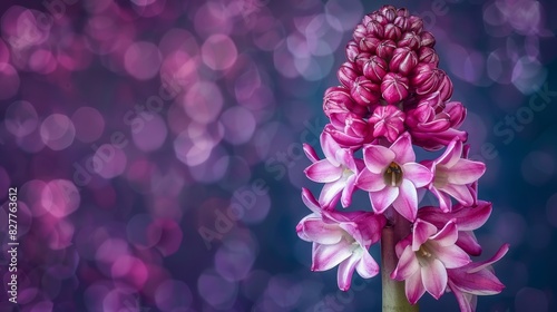  A close-up of a pink flower against a blue background features a blurred foreground of lights  not the background itself