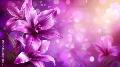  A tight shot of a purple flower against a blend of purple and pink backdrop, featuring softly focused lights in the distance, and a hazy foreground of blooms