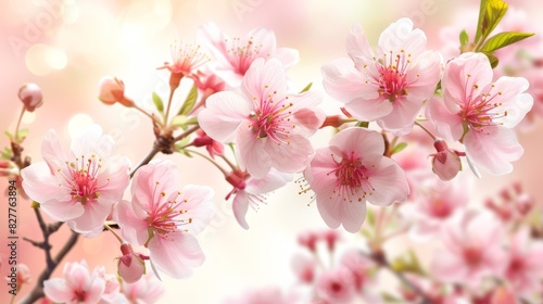  A close-up of pink flowers on a tree branch  with softly focused foreground flowers and blurred background branches