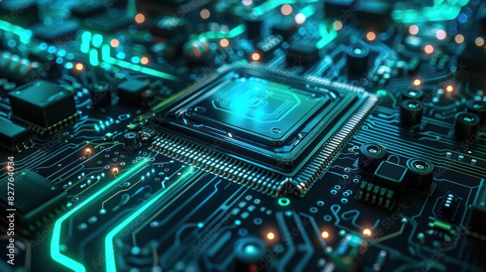 Close-up view of a glowing computer motherboard with circuits, chips, and technology components in vibrant colors. Close-up view of a glowing computer motherboard with circuits, chips, and technology components in vibrant colors.