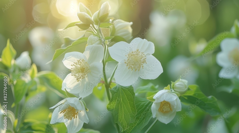 White flowers with green leaves in the foreground, sun filtering through trees with a gentle focus on foreground details White flowers with green leaves in the foreground, sun filtering through trees with a gentle focus on foreground details