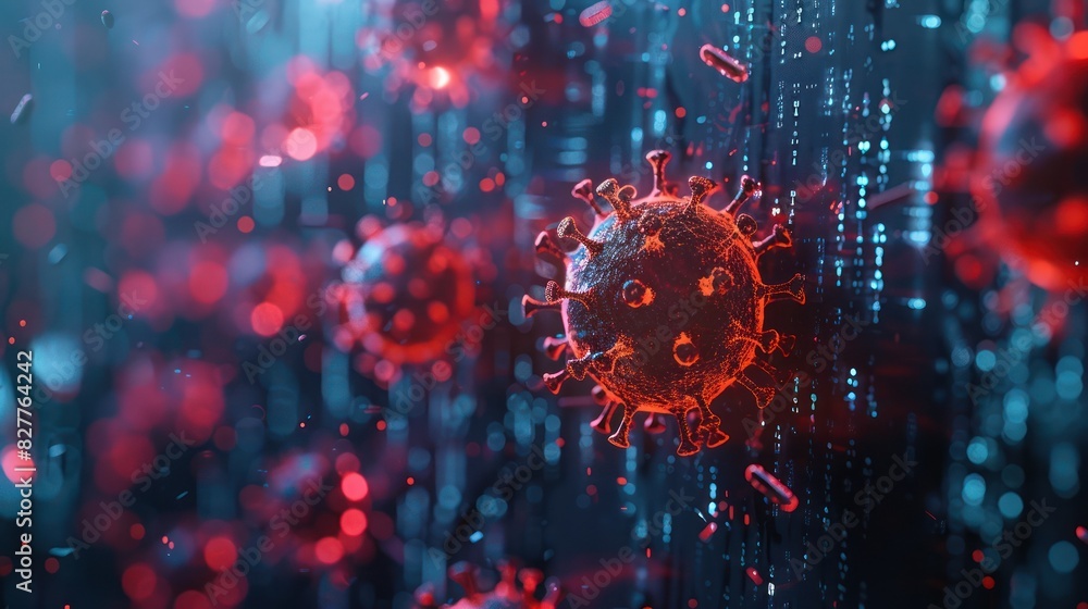 Digital illustration of a virus particle, highlighting its structure and surrounding data streams; a concept of biological science and technology. Digital illustration of a virus particle, highlighting its structure and surrounding data streams; a concept of biological science and technology.