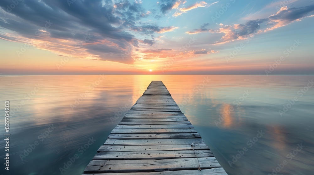 Tranquil Wooden Walkway Over Calm Waters at Sunset