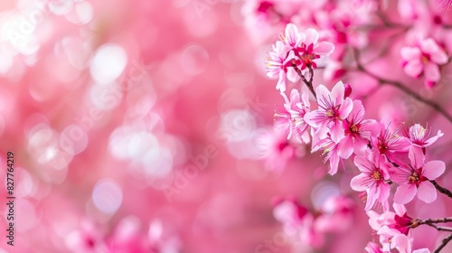  A pink flower in sharp focus on a branch against a backdrop of softly blurred light The background features a blurry array of pink blooms