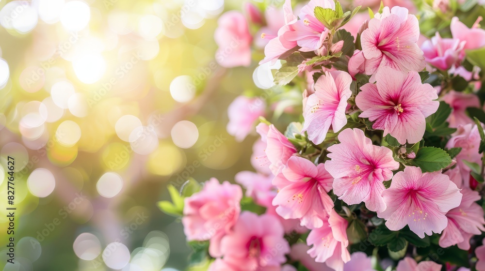  A sunny day filled with a bunch of pink flowers, each with green leaves (Repeated boke likely intended as bokoro, a Japanese term for the blurred