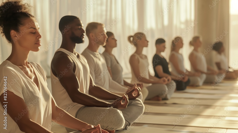 Diverse Group Meditating with AI-Enhanced Breathwork in Yoga Studio Diverse Group Meditating with AI-Enhanced Breathwork in Yoga Studio