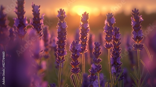  A field of lavender flowers with the sun setting in the distance