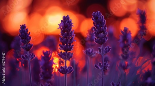 A tight shot of several blooming flowers against a softly blurred backdrop of the sun The foreground features an intentional blur of nearby lights photo