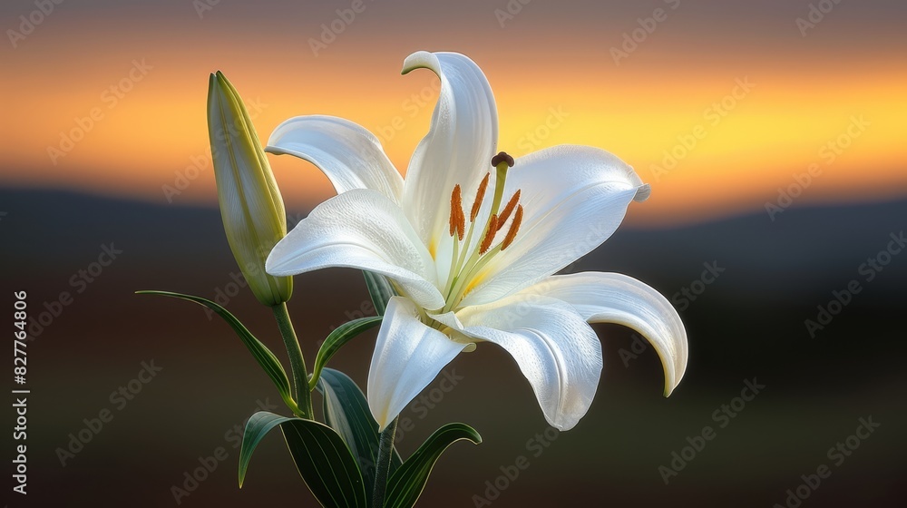 A close-up of a white flower with a blurred sky in the background The sky is partially blurred, occupying the middle ground A close-up of a white flower with a blurred sky in the background The sky is partially blurred, occupying the middle ground